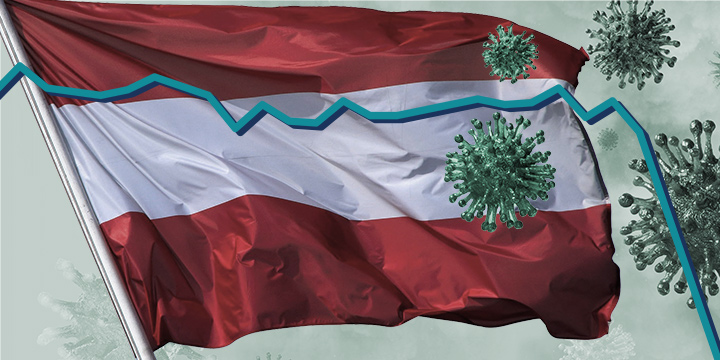 flag of austria with coronavirus and chart symbolising economic problems flag of austria with coronavirus and chart symbolising economic problems