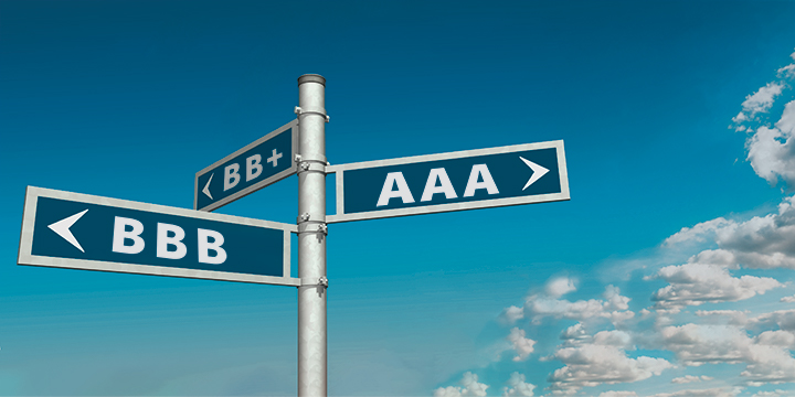 sign showing credit rating notations AAA, BBB, BB+ sign showing credit rating notations AAA, BBB, BB+